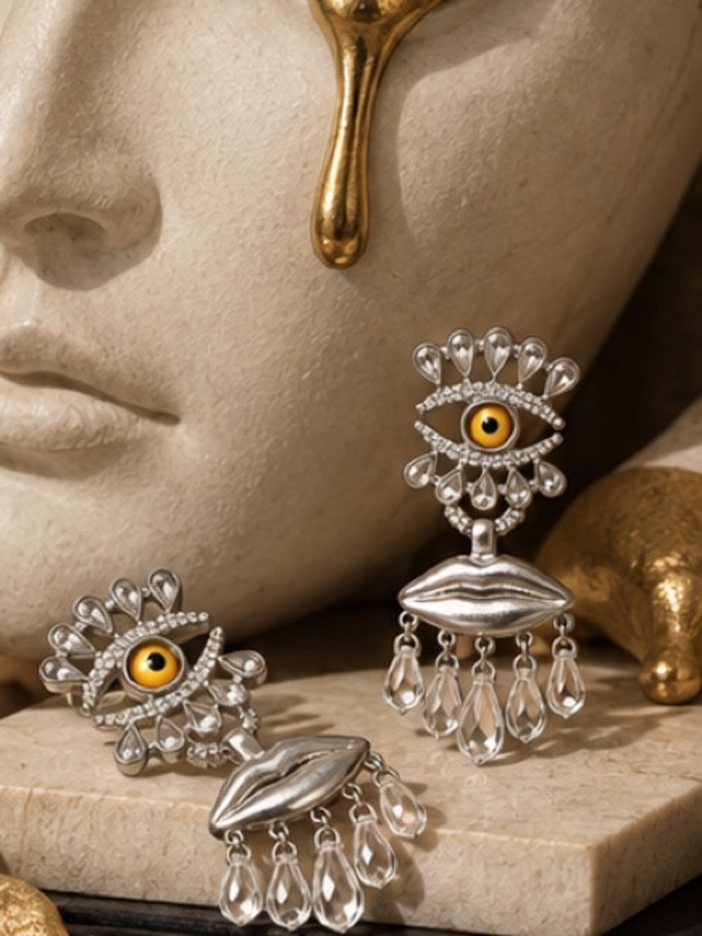 Surreal Eye Motif Crystal Earrings with Sculptural Lips - Picture 4 of 5